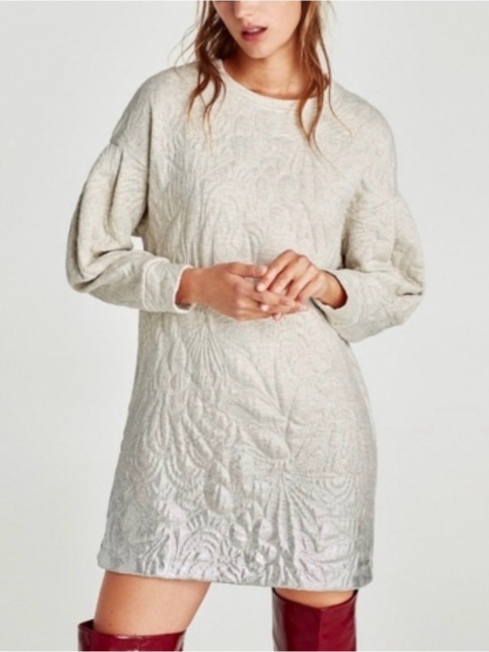 Zara Quilted Shimmer Sweatshirt Dress Balloon Sleeves Gray to Silver Size Small